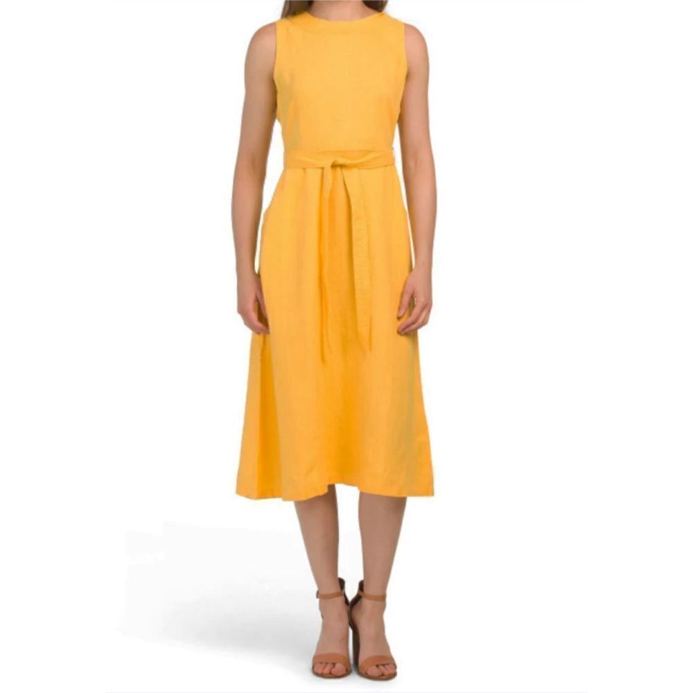 Nicole Miller Womens Linen V-Back Waist Fit & Flare Midi Dress Yellow Size 6
